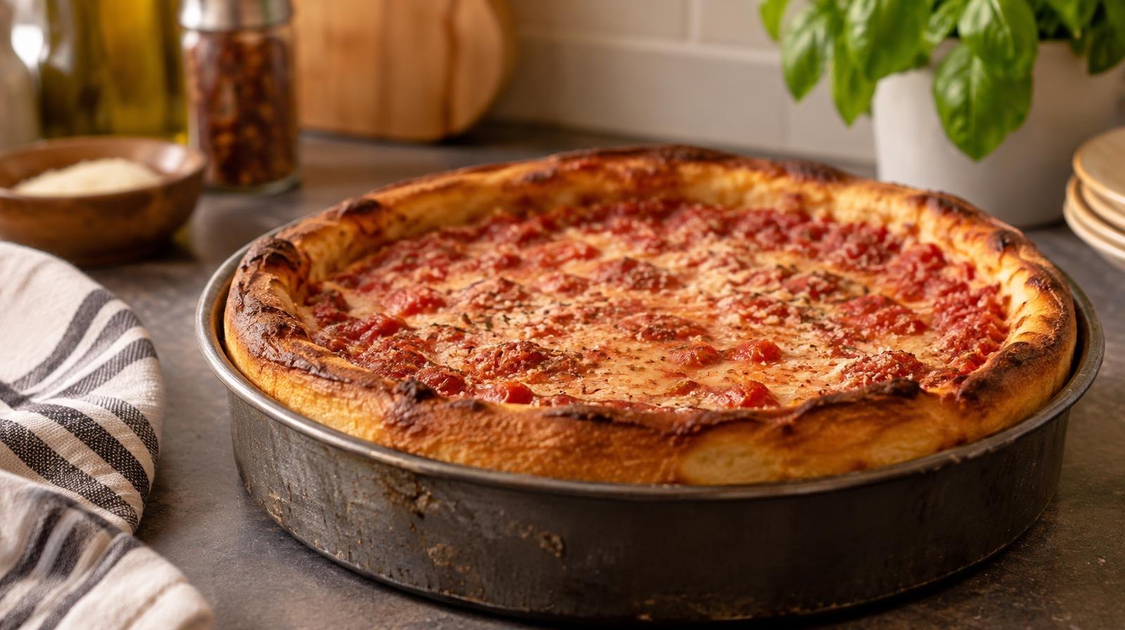A par-baked deep dish pizza with a thick caramelized crust in a round metal pan.