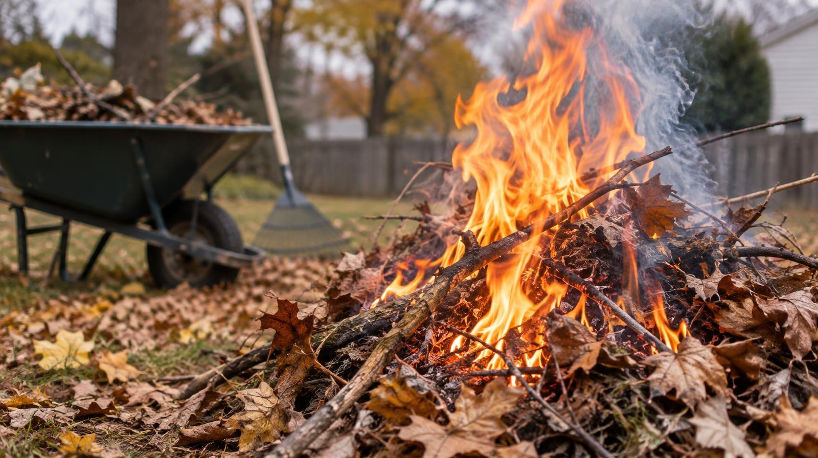 A small fire burns a pile of dry leaves and branches outdoors.