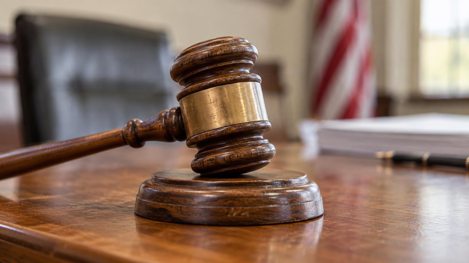 A wooden gavel resting on its sound block on a polished wooden table.
