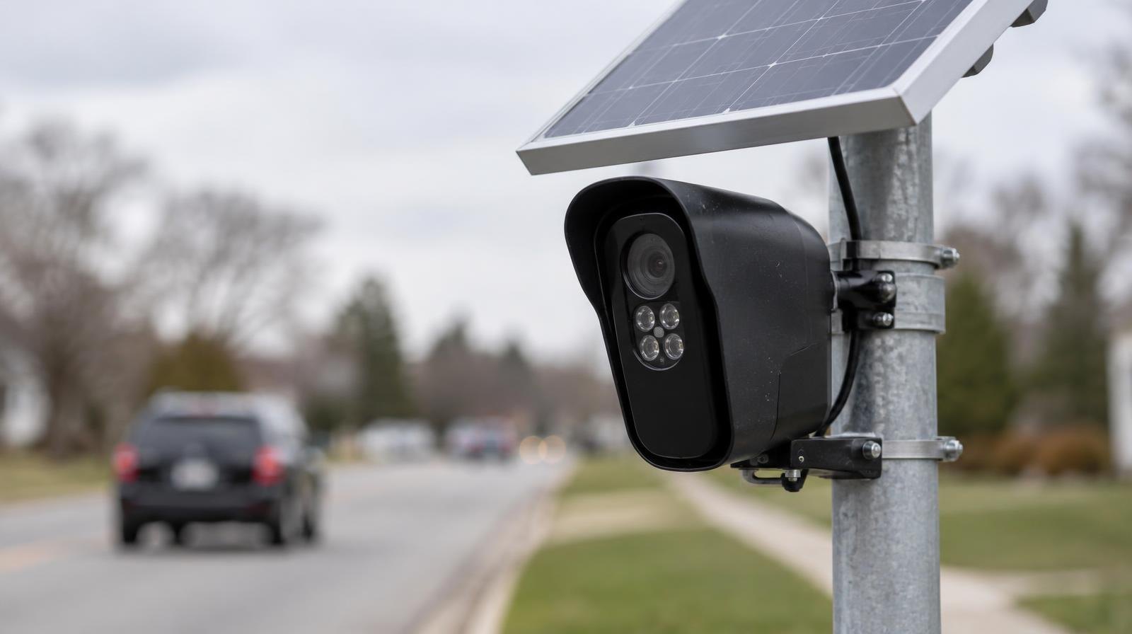 A solar-powered license plate reader camera on a metal pole at the roadside.