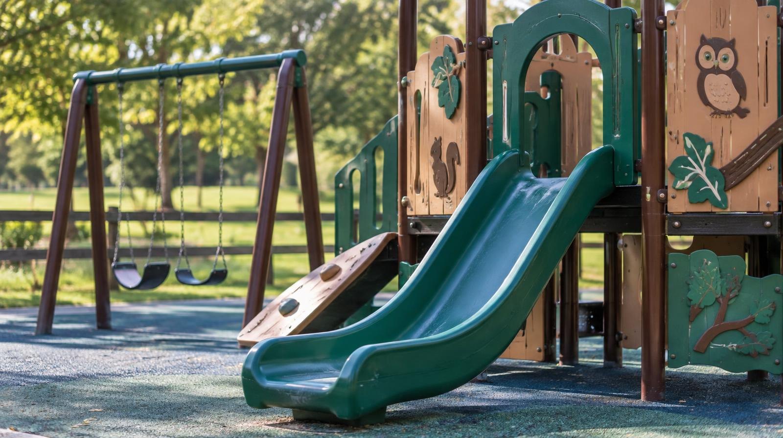 Colorful toddler playground with slides, swings, and forest-themed decorations on rubber surfacing.