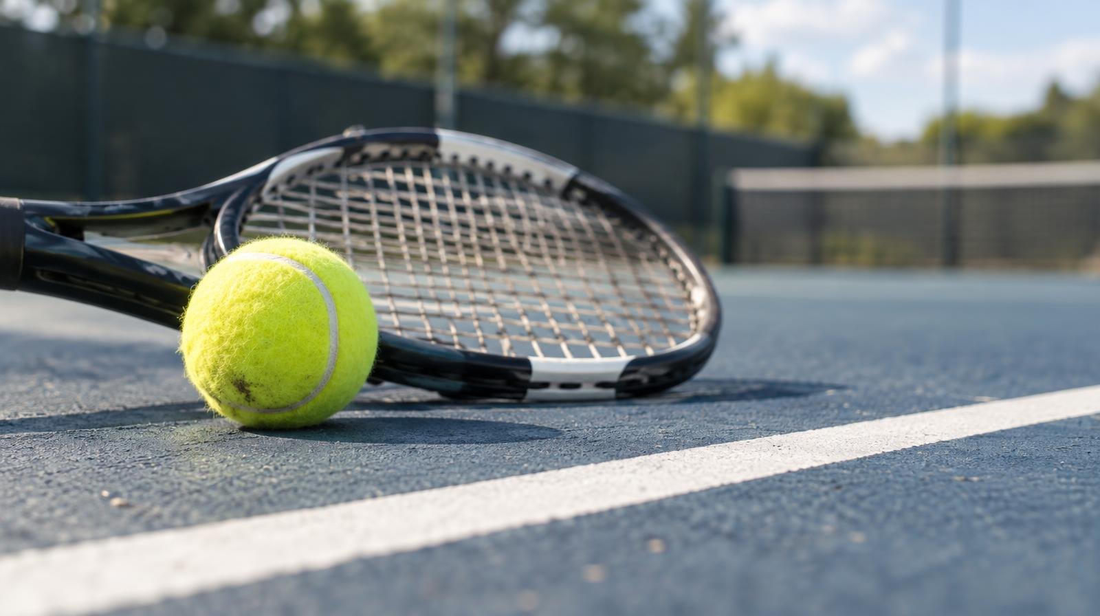Tennis racket and yellow ball resting on a hard court near white baseline.