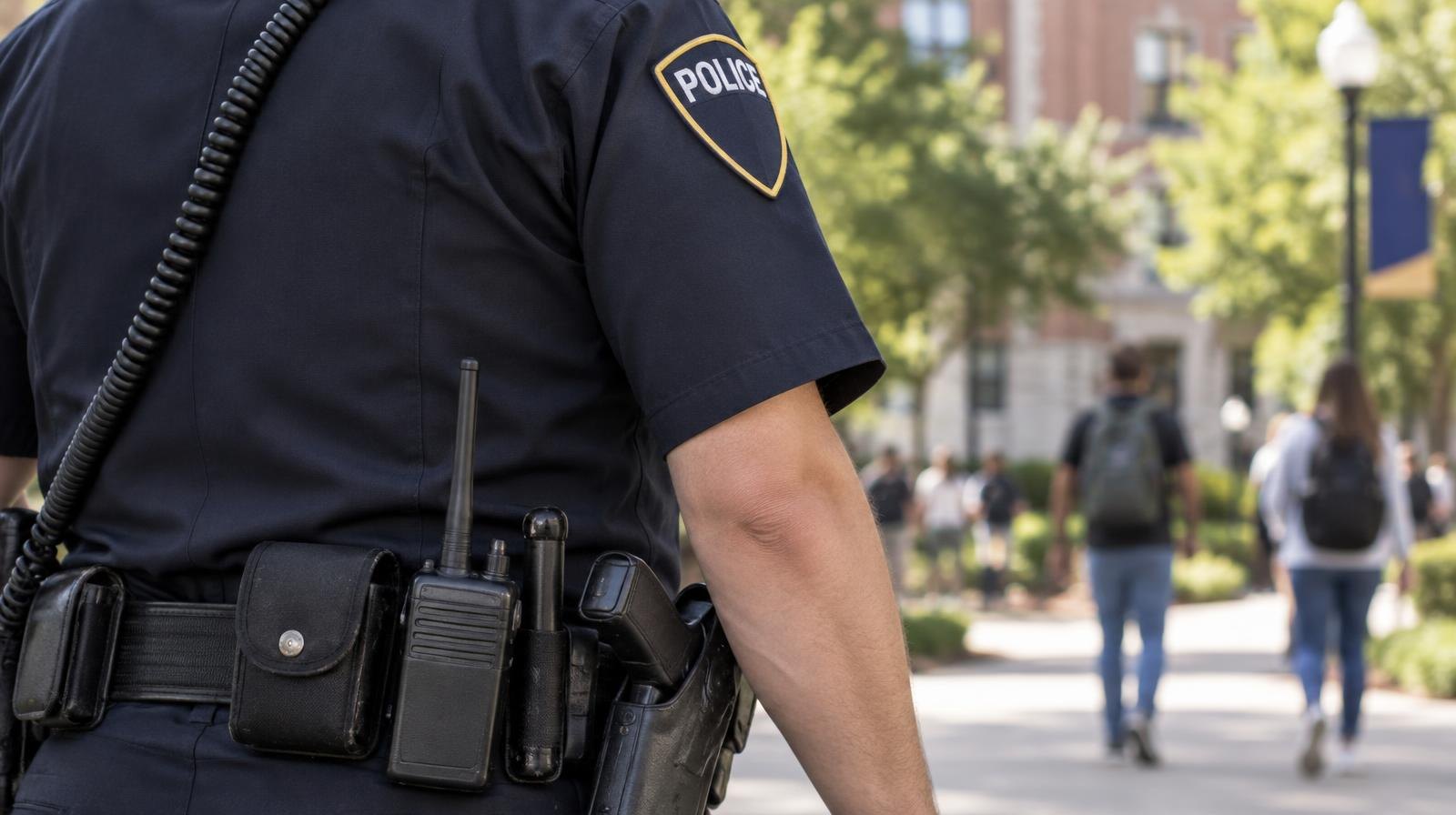 Close-up of a police duty belt with radio and equipment on a uniformed officer.