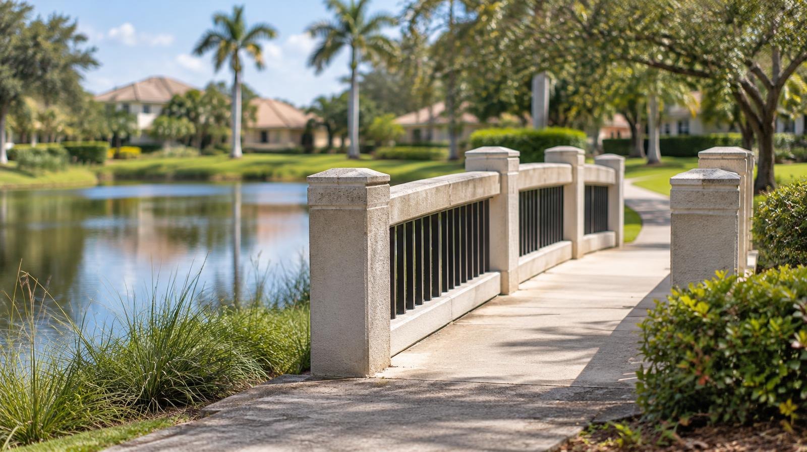 A small concrete footbridge with railings spans a calm pond in a sunny residential setting.