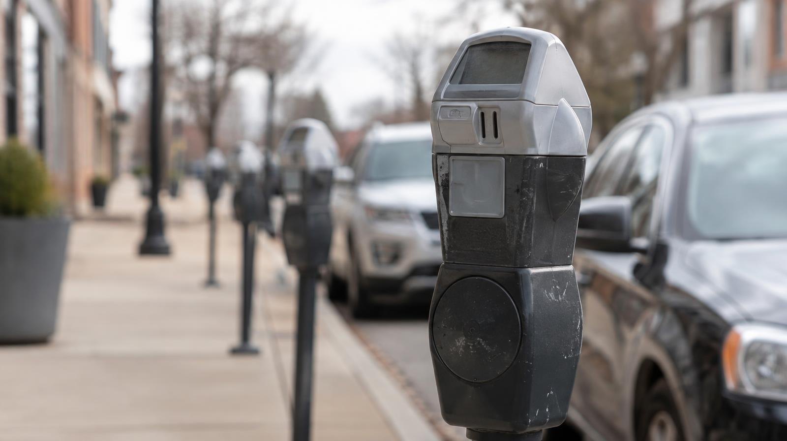 A row of parking meter posts along an empty urban sidewalk with parked cars in the distance.