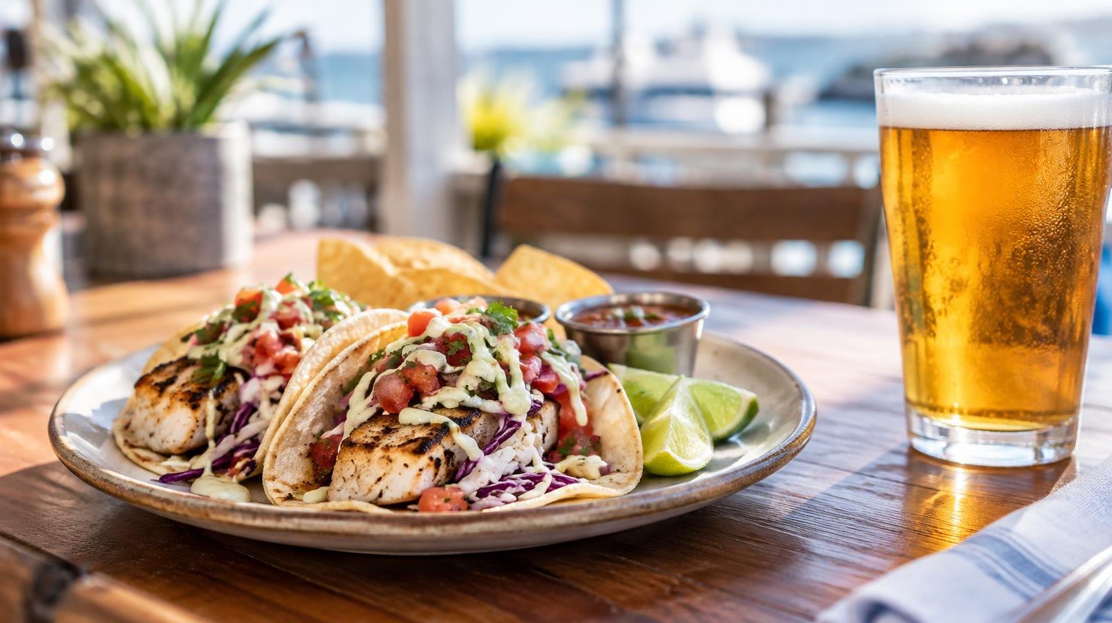 A plate of fish tacos with toppings next to a glass of craft beer on a wooden table.