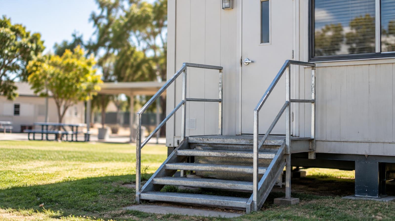 A portable classroom unit with metal steps sits on a sunny school campus lawn.