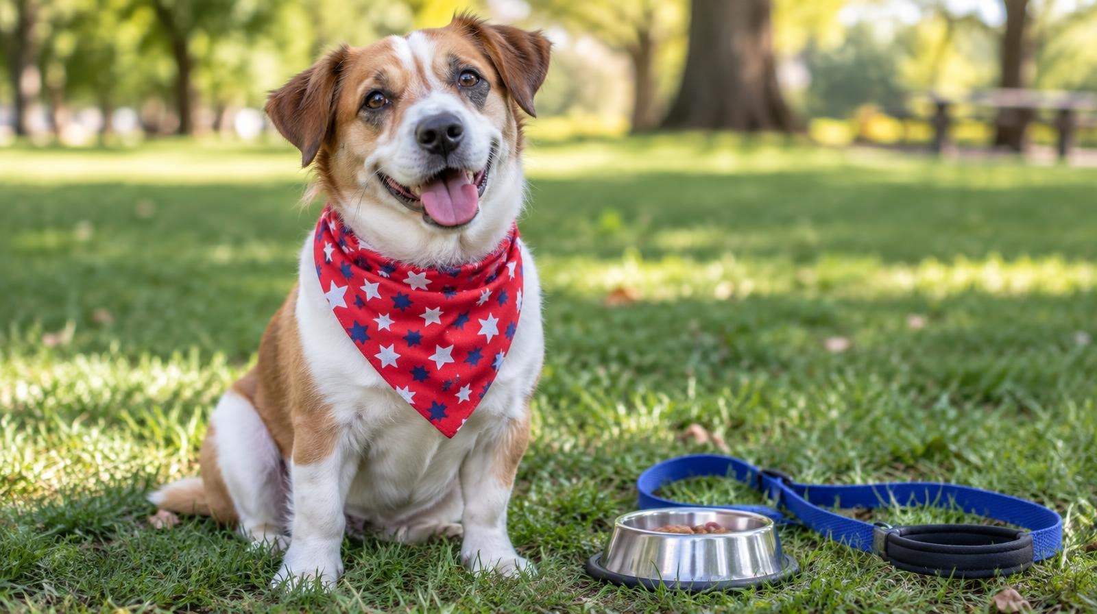 A dog wearing a colorful bandana sits on green grass in a sunny park.