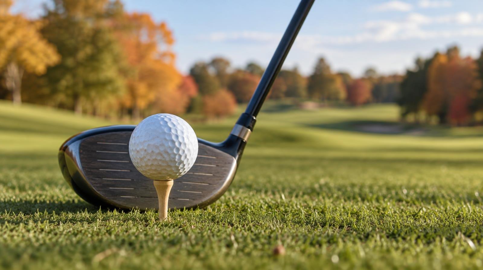 A golf ball on a wooden tee with a golf club head behind it and a green fairway beyond.