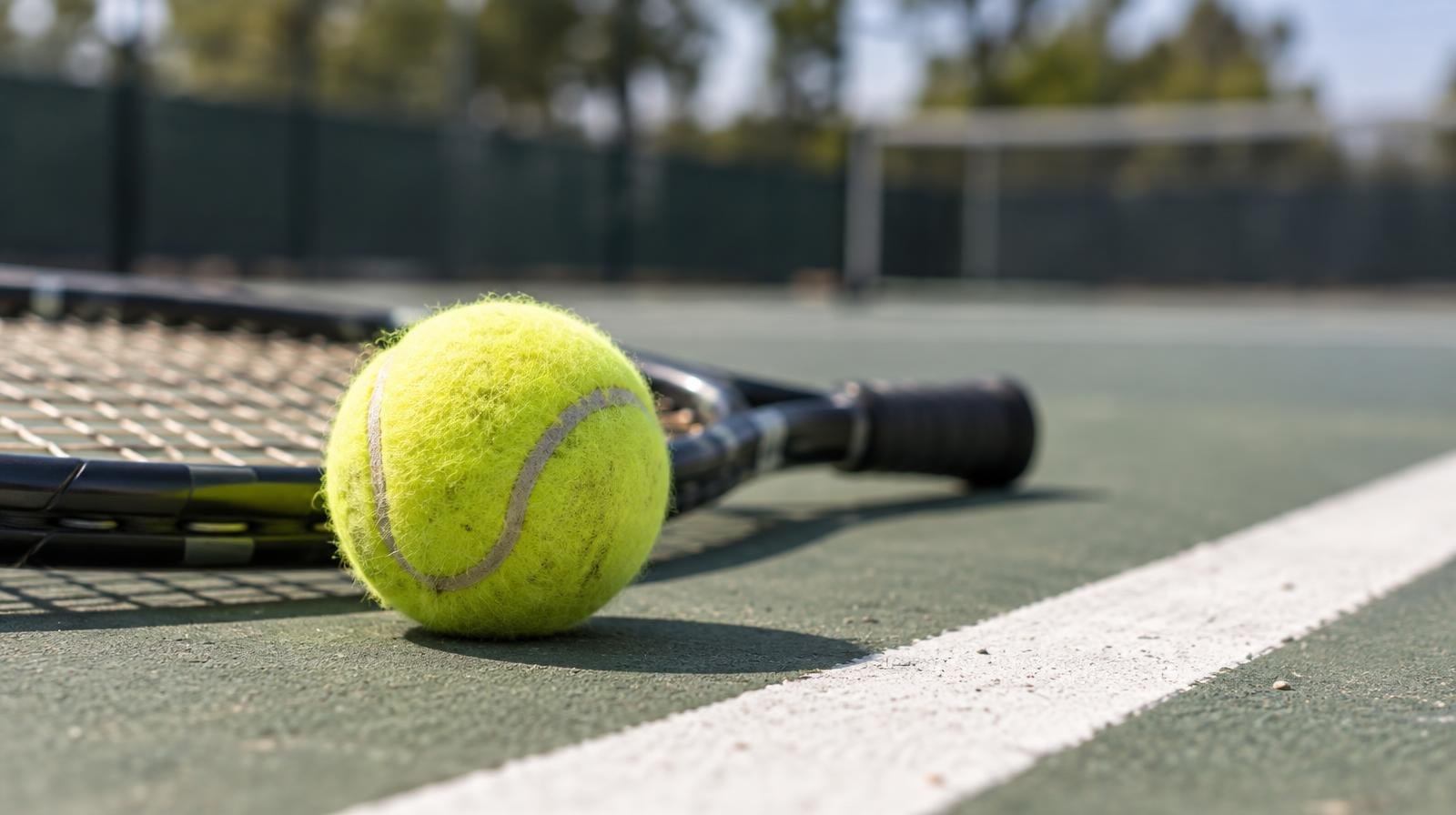Yellow tennis ball beside a racket on a hard court with a white baseline.