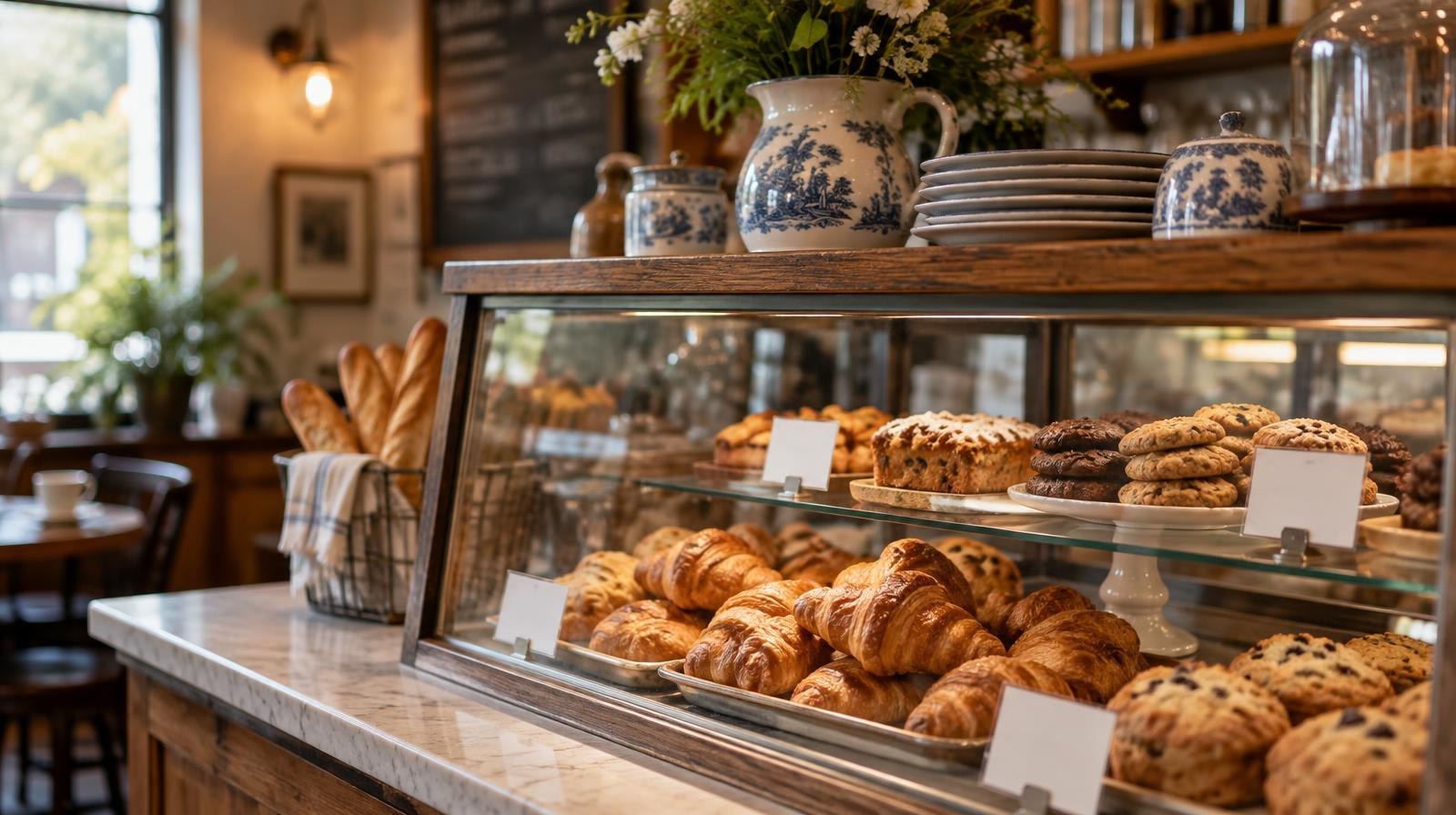 Glass pastry case displaying croissants and baked goods on a wooden cafe counter.