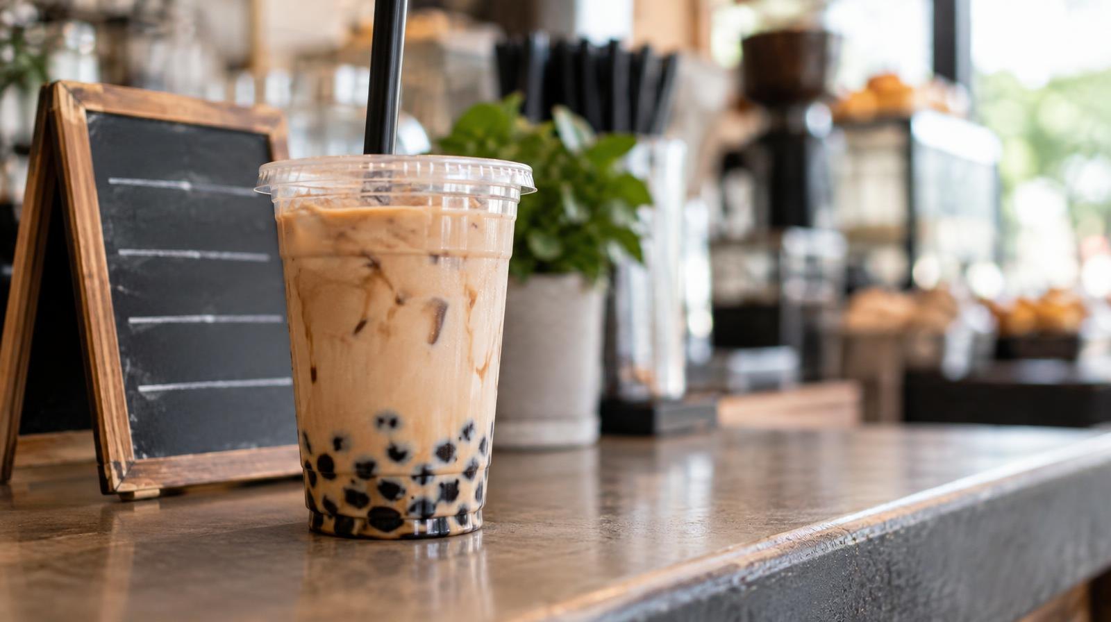 A clear plastic cup of boba tea with tapioca pearls and a wide straw on a counter.
