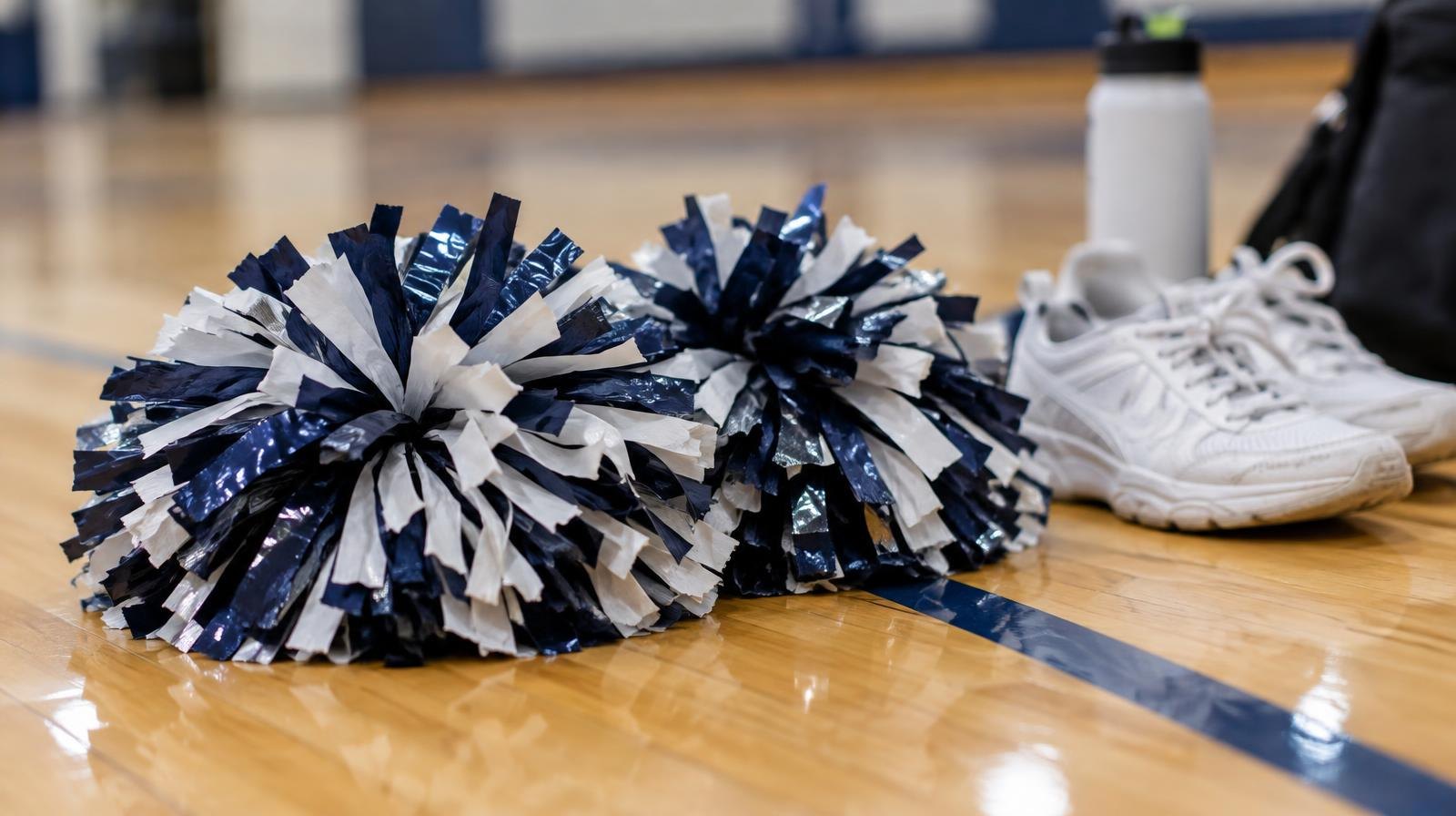 Colorful pom-poms resting on a hardwood gymnasium floor beside white sneakers.