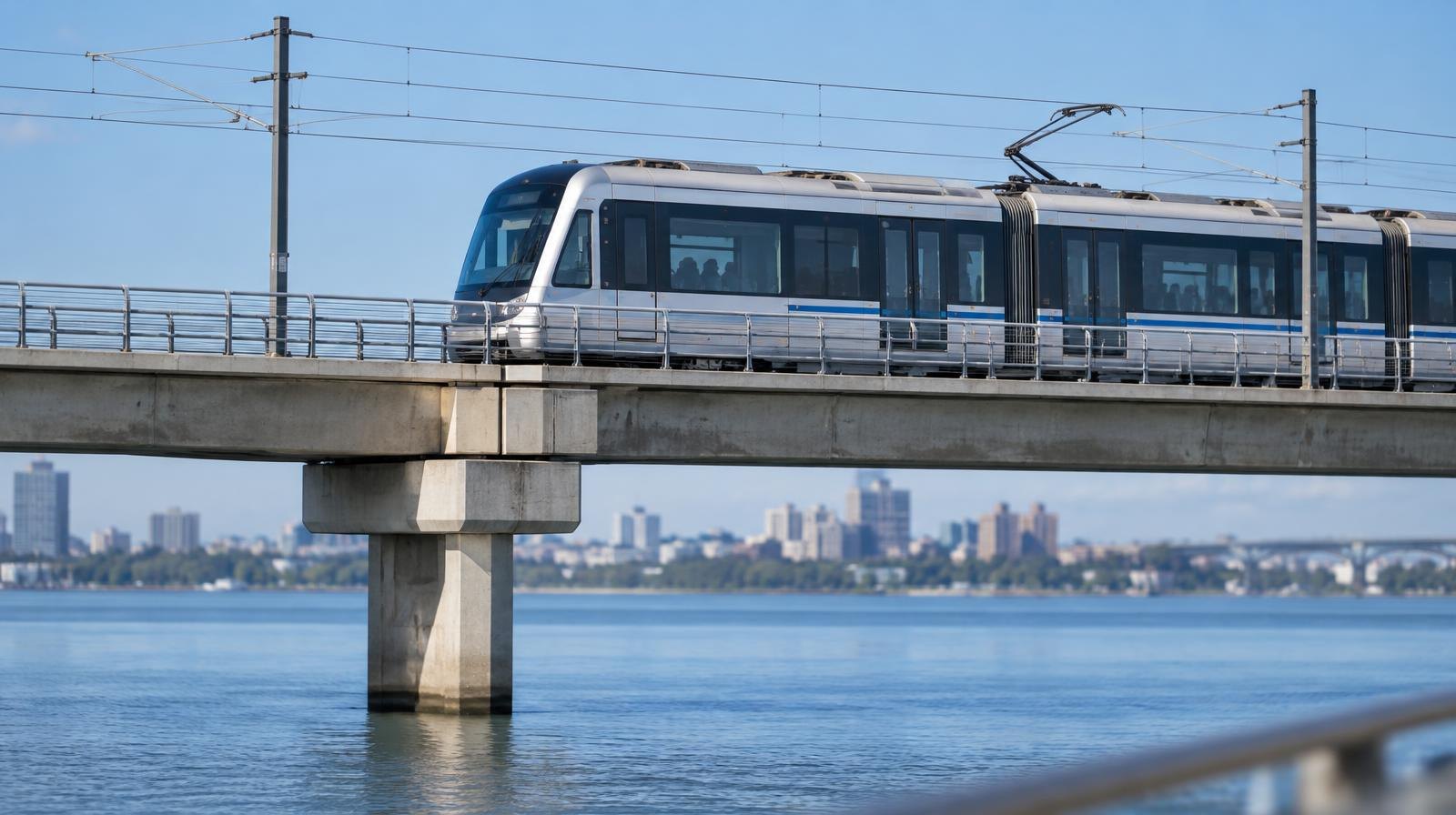 A modern light rail train traveling on an elevated track over a wide body of water.