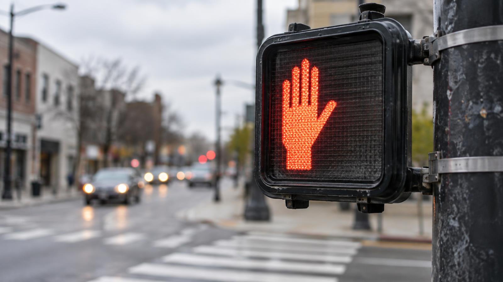 Red do-not-walk pedestrian signal on a pole above white crosswalk stripes on a road.