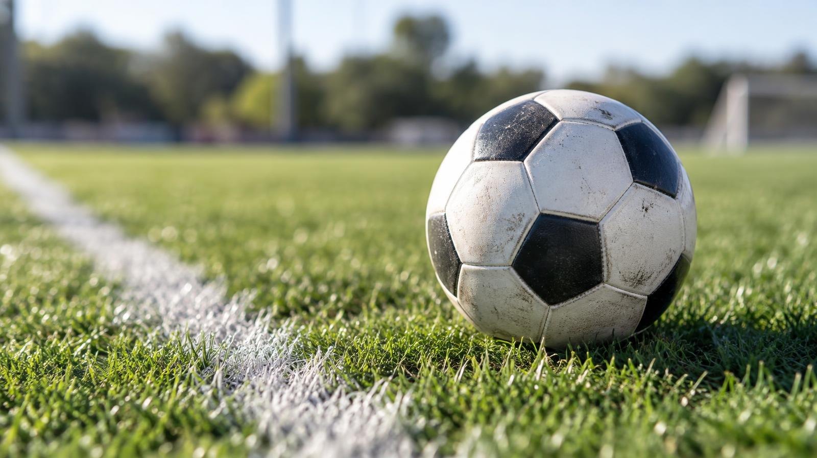 Black-and-white soccer ball resting on green grass beside a white painted sideline.