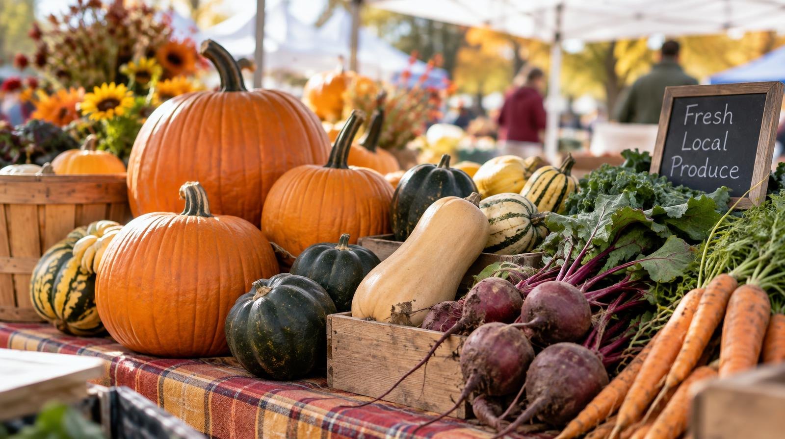 Colorful autumn vegetables arranged on a table under a white canopy tent at an outdoor market.
