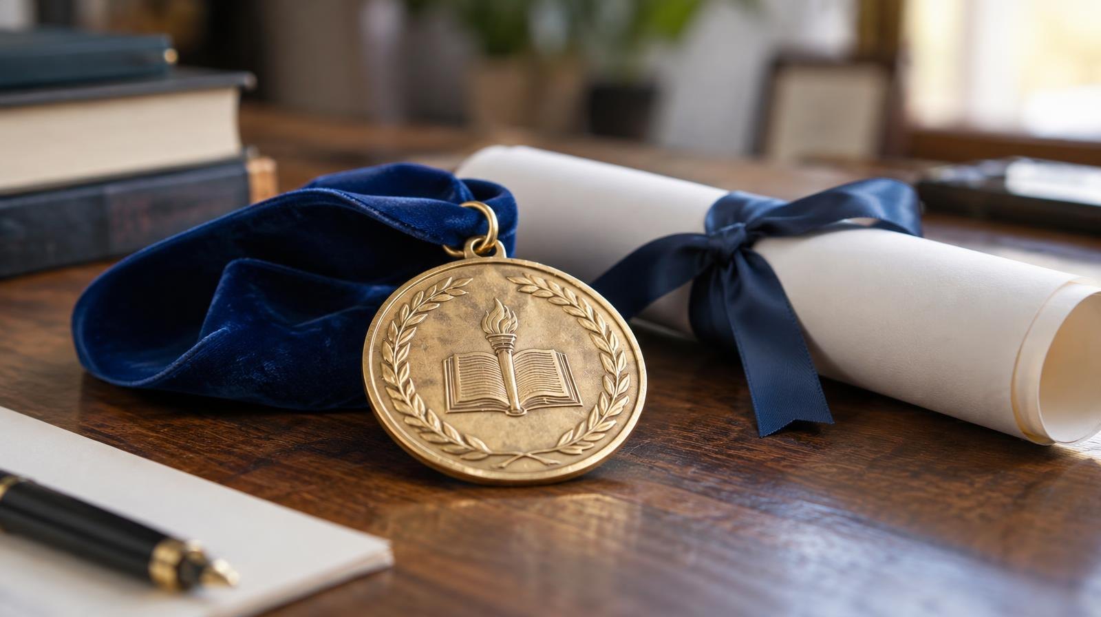 Gold medal on blue velvet ribbon beside a rolled diploma tied with a ribbon.