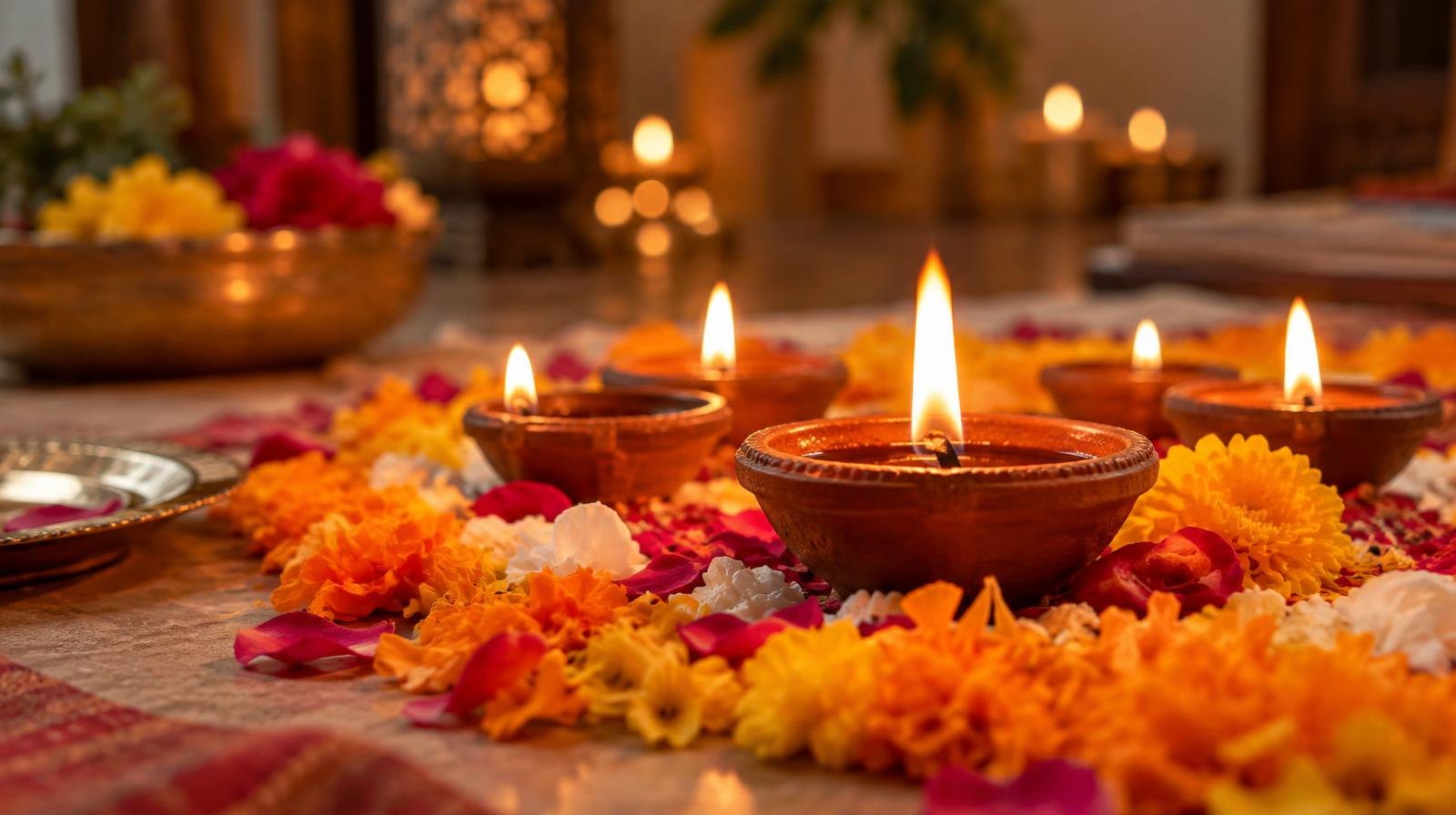 Small clay oil lamps with lit flames arranged among colorful flower petals.