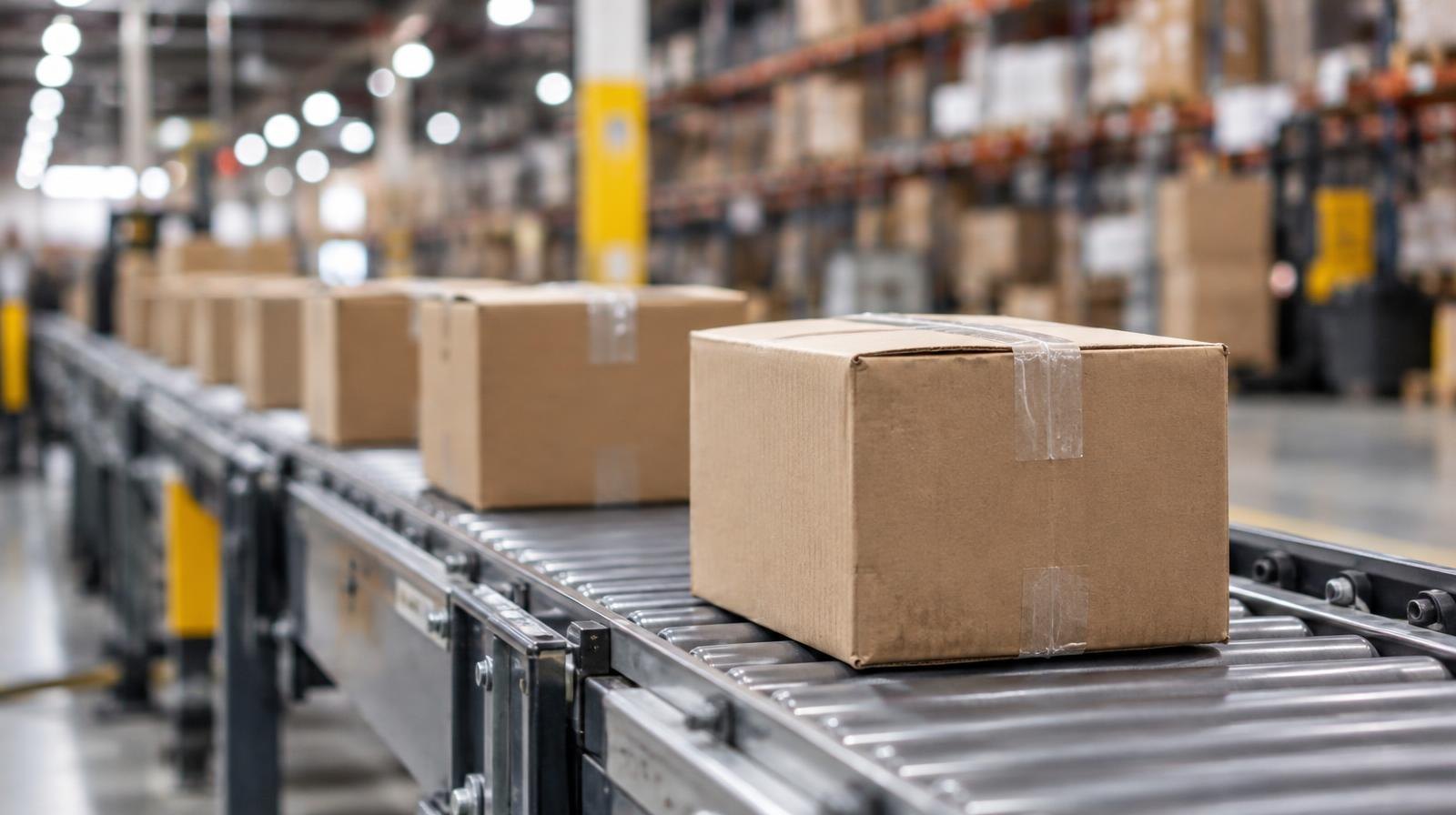 Rows of cardboard boxes on a conveyor belt inside a brightly lit warehouse.