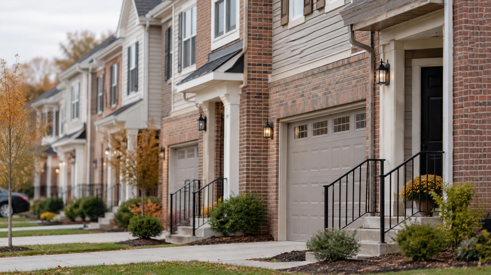 Row of newly built townhouses with attached garages along a residential street.