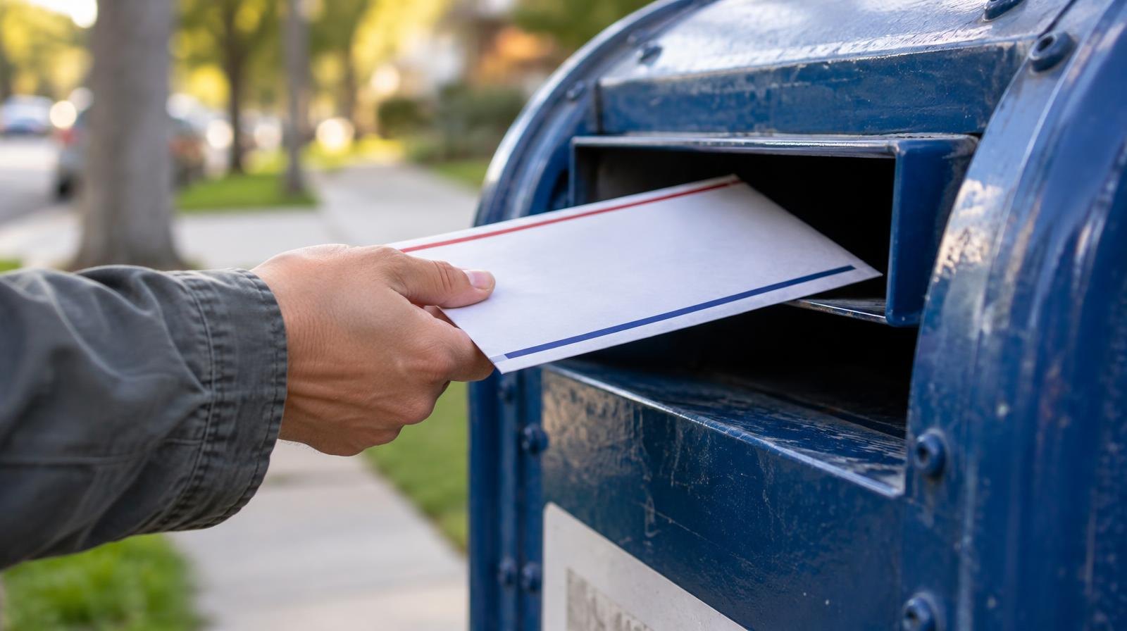 A hand inserting a sealed envelope into a blue mail collection box slot.
