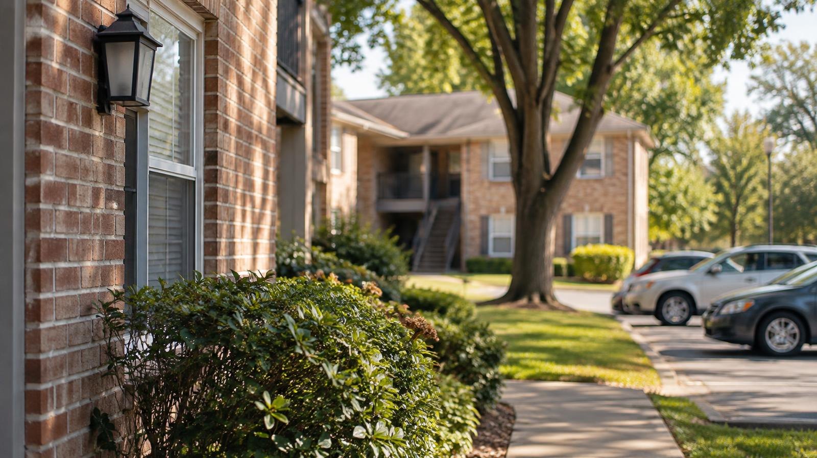 Low-rise brick apartment buildings surrounded by trees beside a paved parking lot.