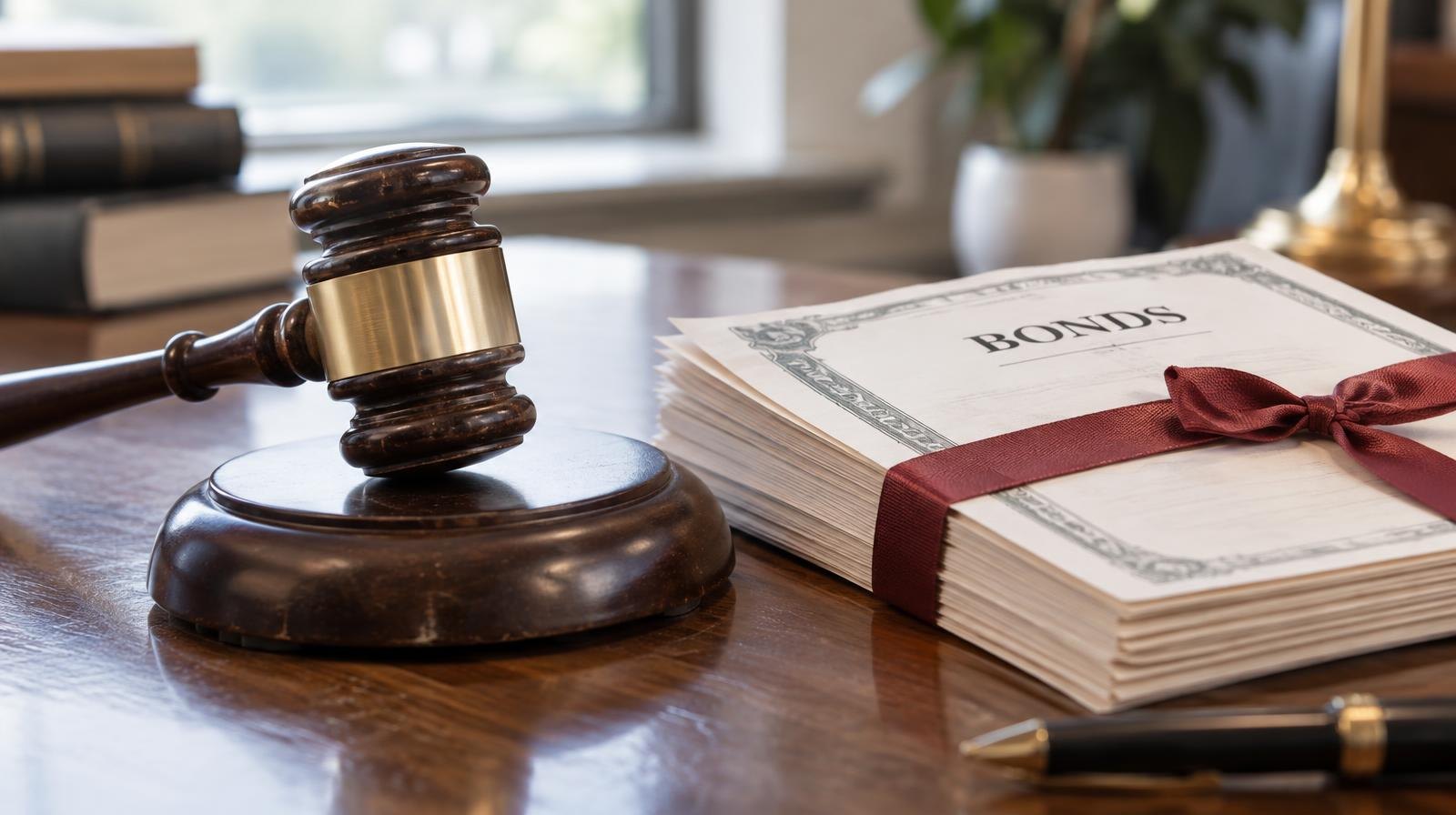 A wooden gavel rests on its sound block beside a stack of bound documents on a desk.