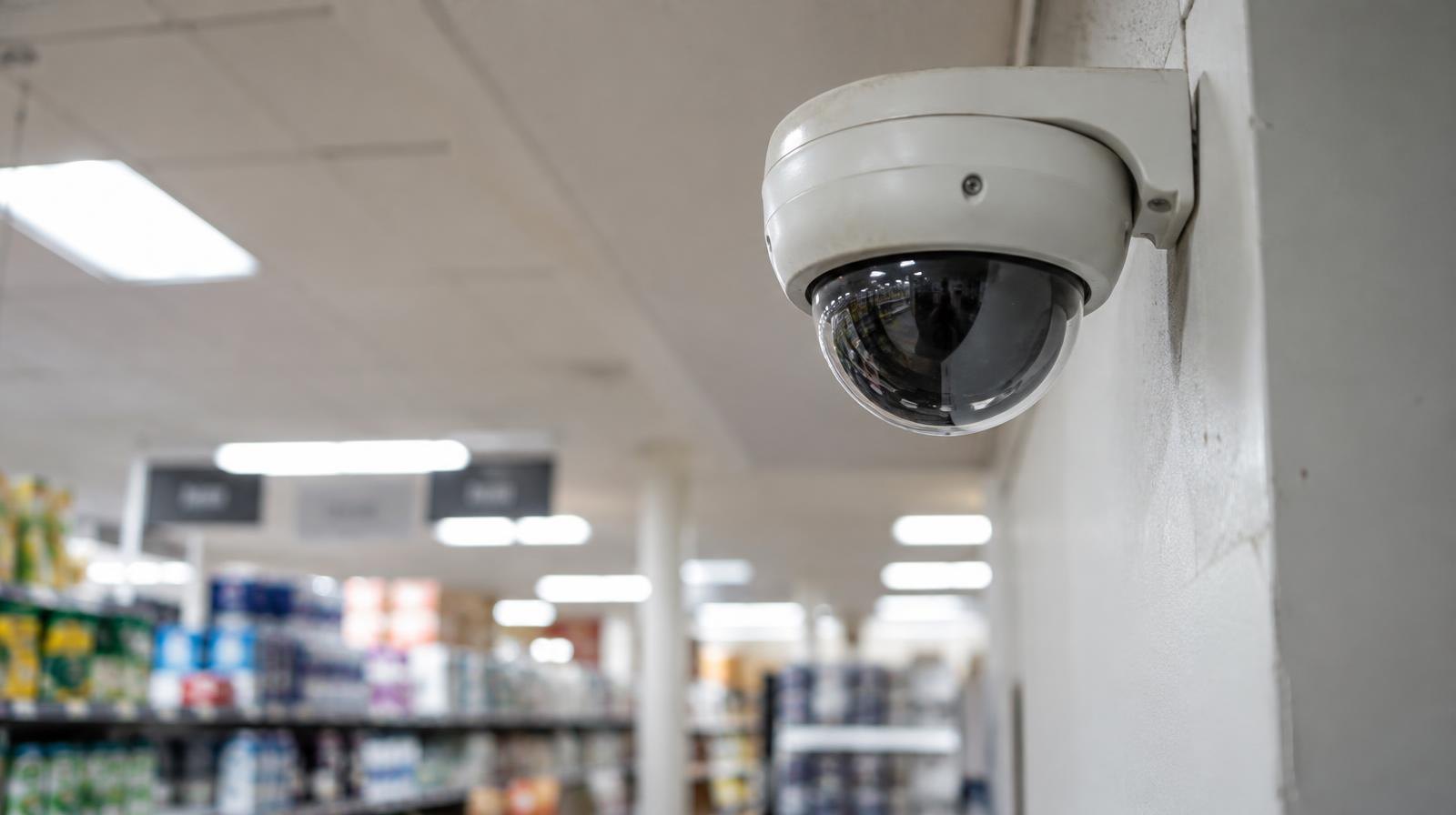 A security camera mounted near the ceiling corner of a retail store aisle.
