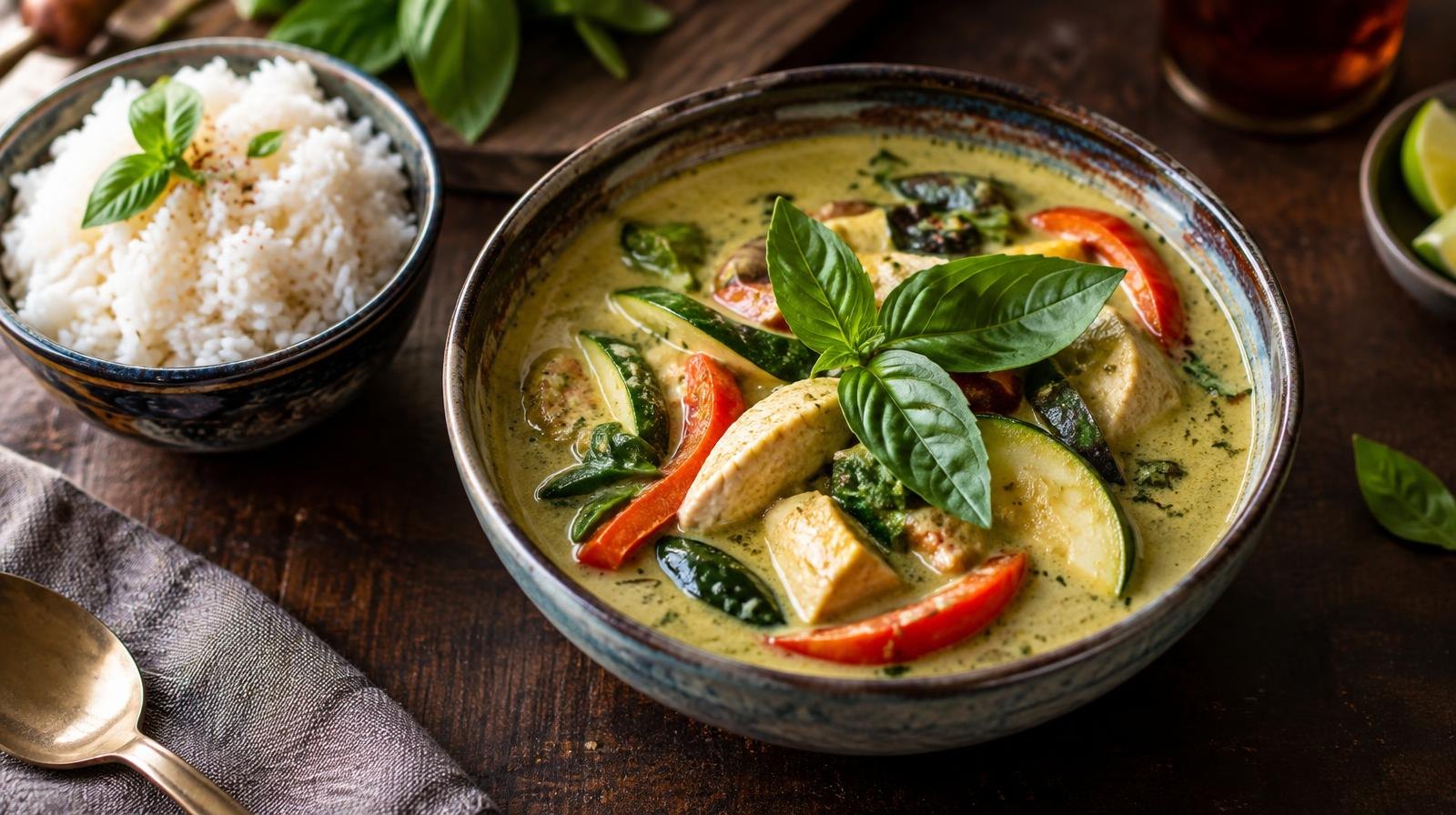 Bowl of green Thai curry with vegetables and basil beside a small bowl of steamed rice.