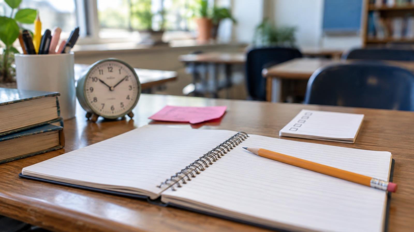 Open notebook and pencil on a desk beside a small clock and sticky notes in a sunlit classroom.
