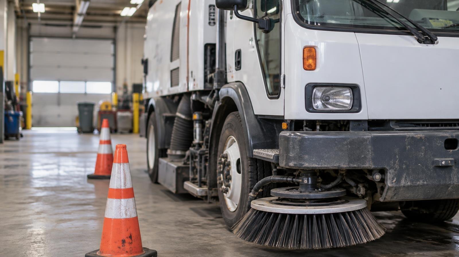 A street sweeper truck parked inside a municipal garage bay with orange safety cones.