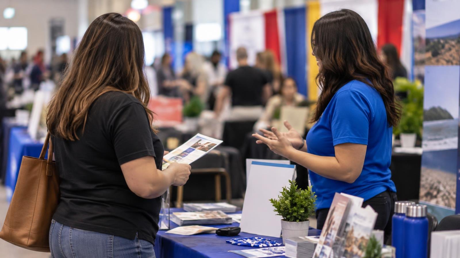 Colorful vendor booths and display tables line a large indoor trade show hall.