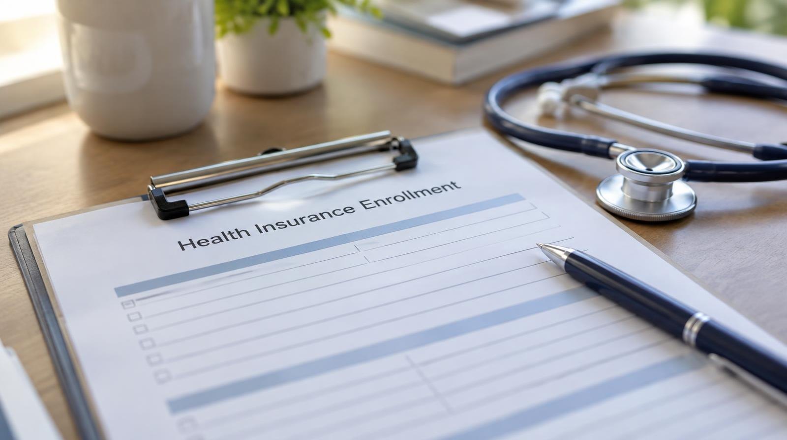 A pen and stethoscope rest beside an enrollment form on a desk.