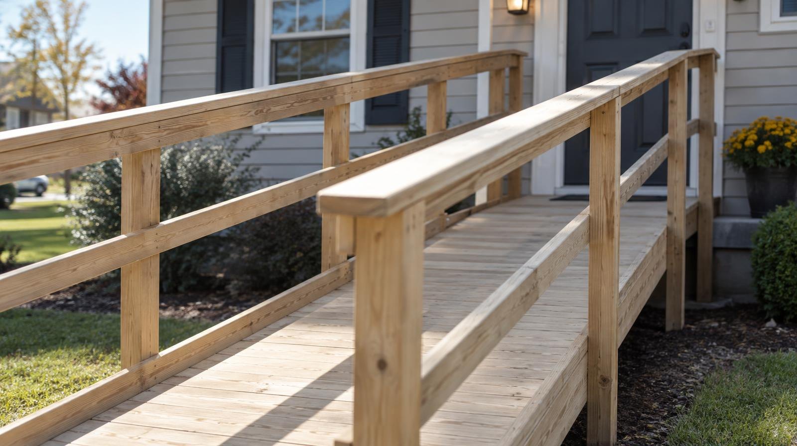 A wooden wheelchair ramp with handrails leading to a residential front door.