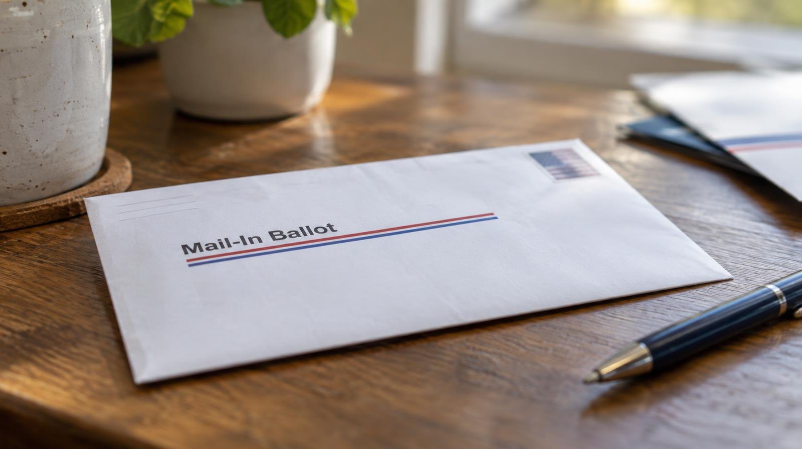 A sealed mail-in ballot envelope on a wooden surface next to a pen.
