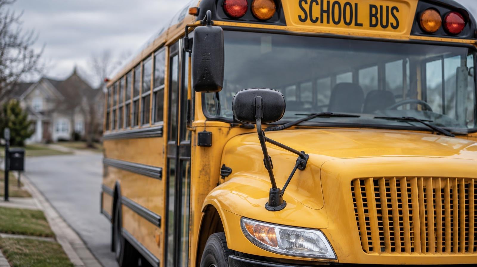 A yellow school bus parked on a suburban street on an overcast day.