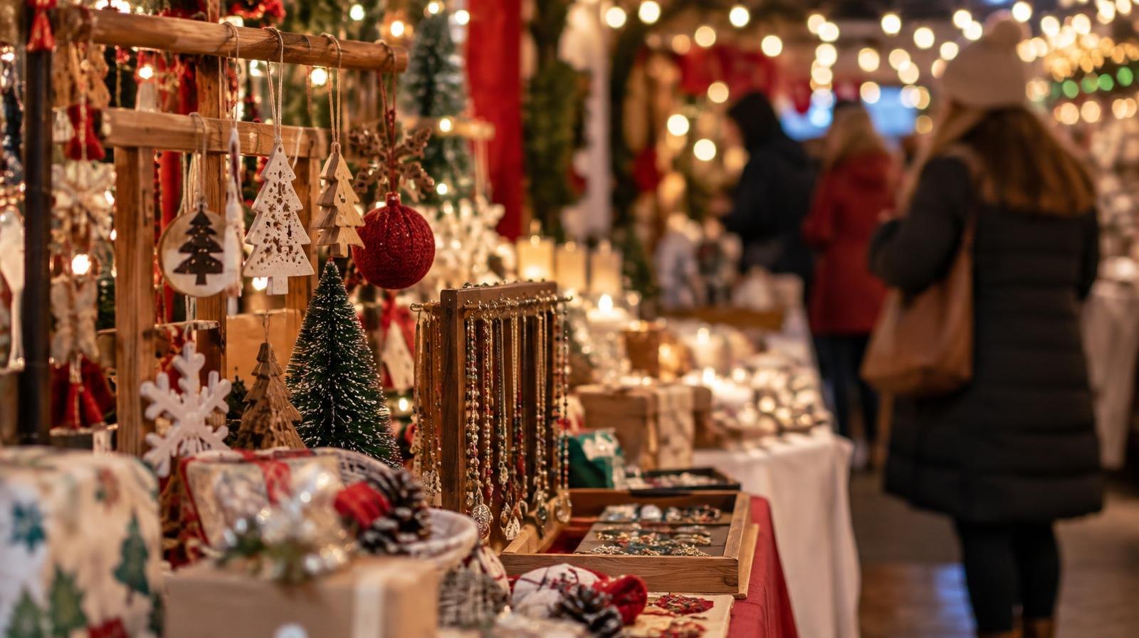 Colorful vendor booths with ornaments and gifts under warm string lights.