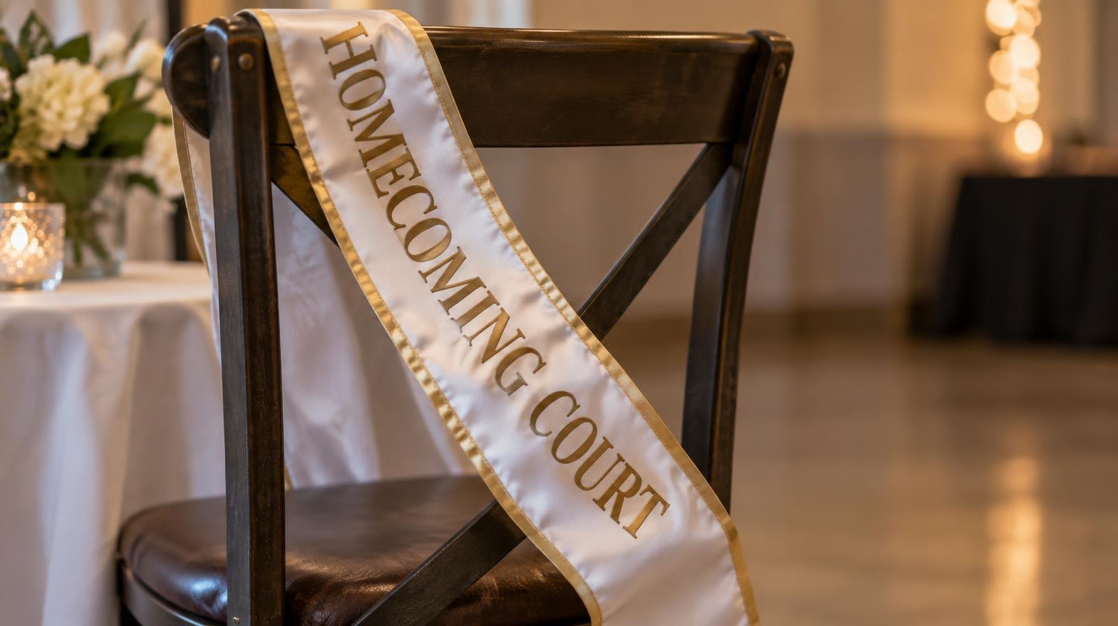 A decorative sash draped over the back of an empty chair.