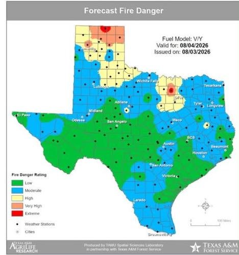 Statewide Texas fire danger forecast map showing a red extreme-risk zone over North Texas.