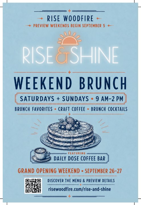 Promotional flyer for Rise Woodfire weekend brunch with pancake illustration and coffee cup.