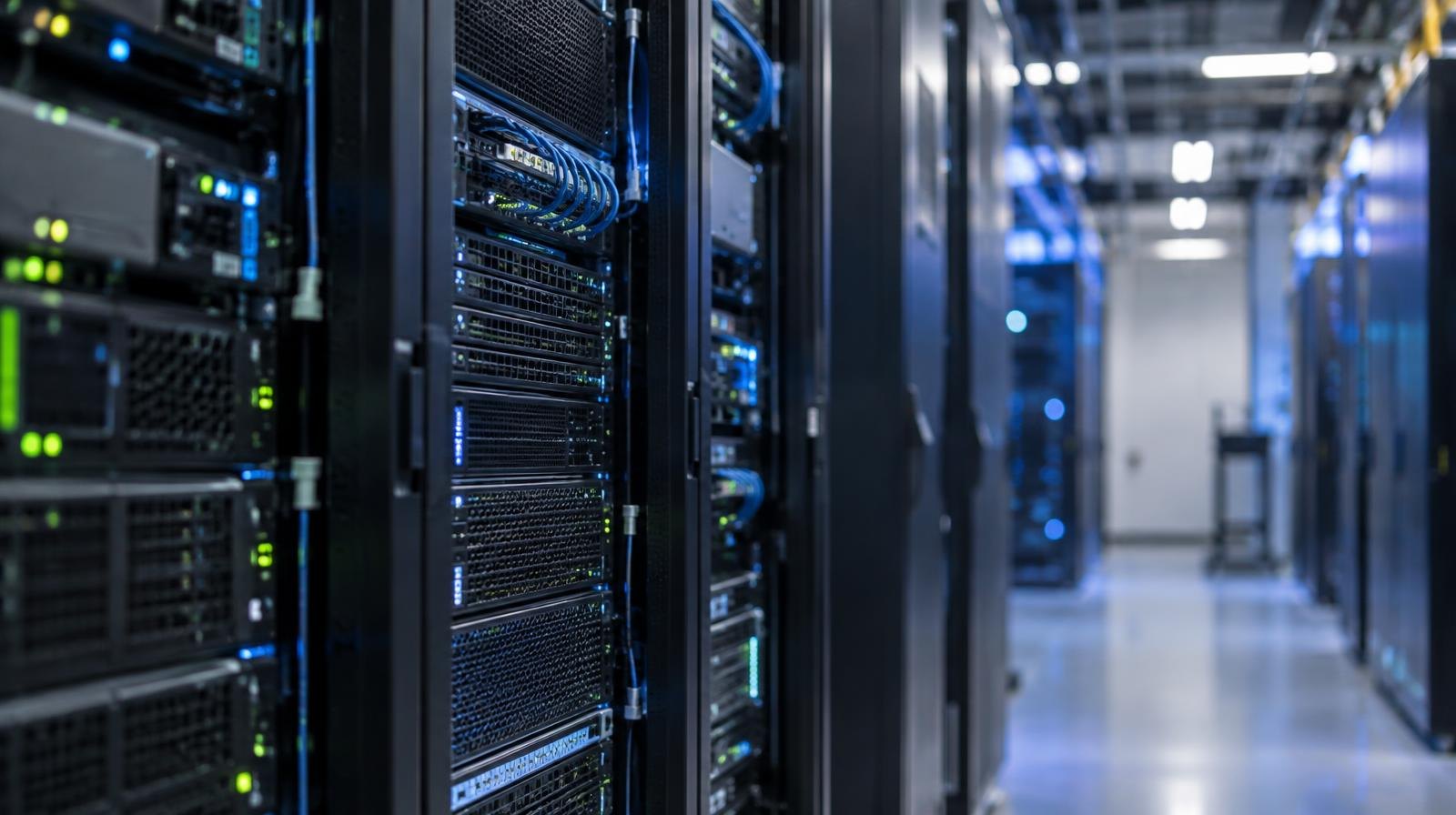 Rows of glowing server racks in a large data center with blue ambient lighting.