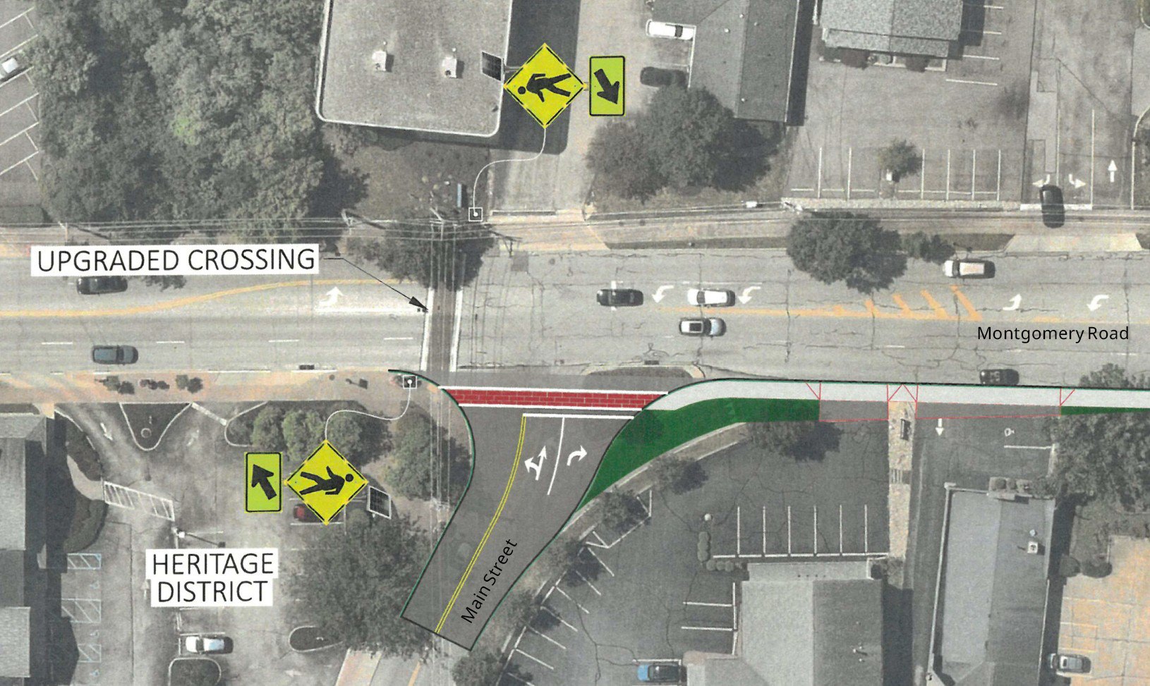 Annotated aerial map showing intersection upgrades with colored overlays for new crosswalk and sidewalk extension.