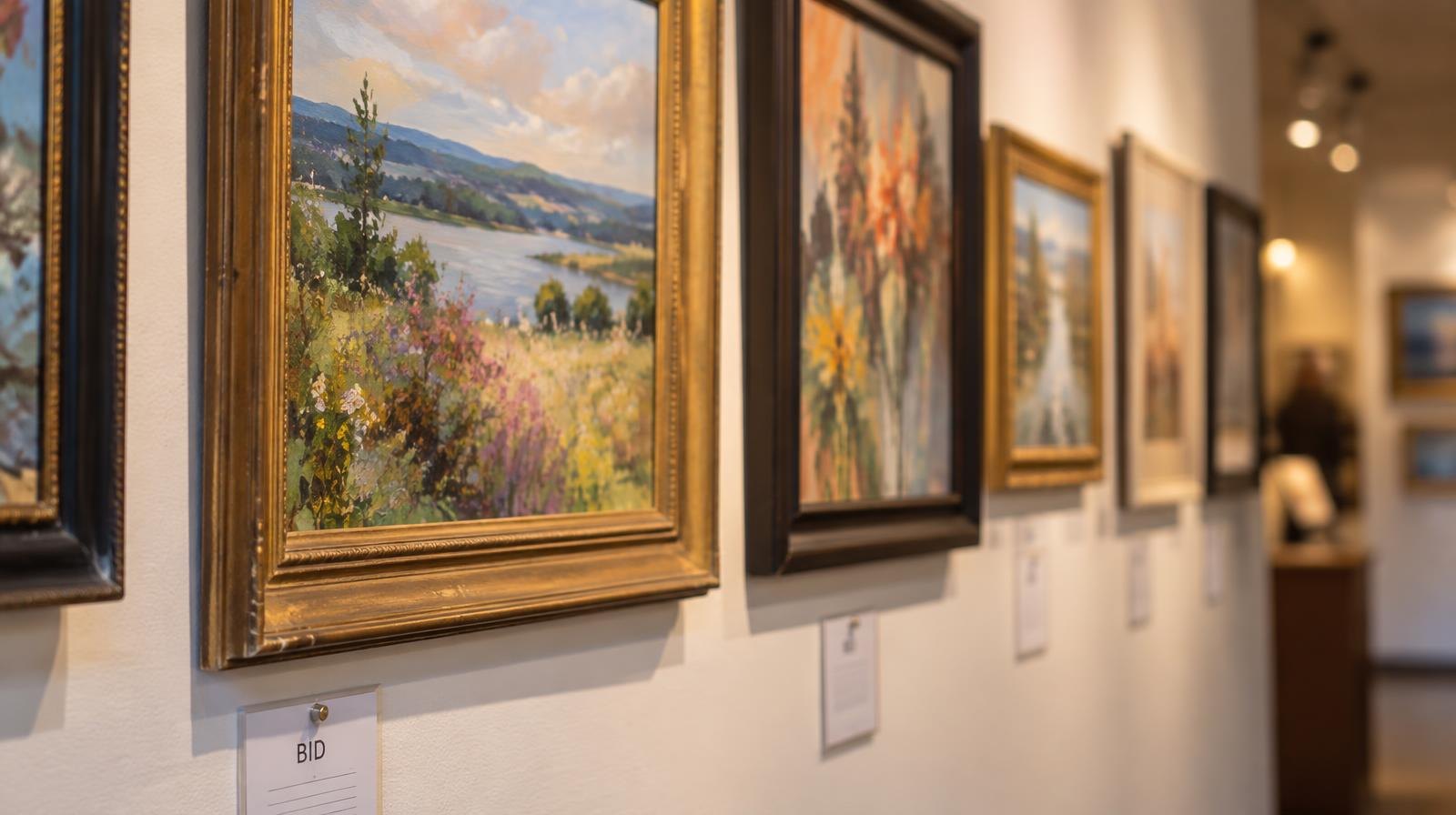 Colorful framed paintings on a white gallery wall with small bid cards below each.