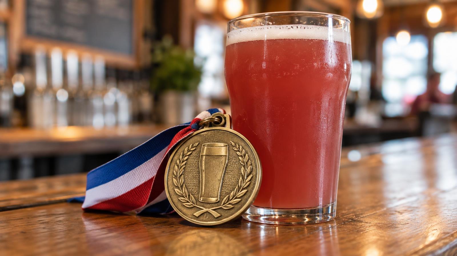 A gold medal resting beside a pint glass of hazy pink-red beer.