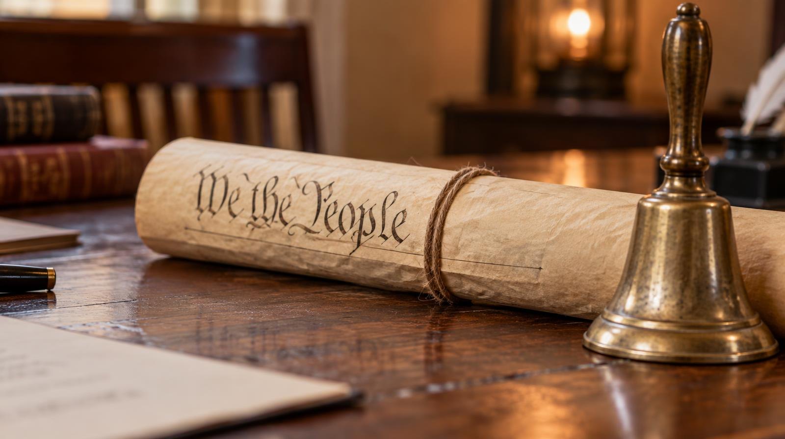 A rolled parchment scroll resting beside a small brass bell on a wooden table.