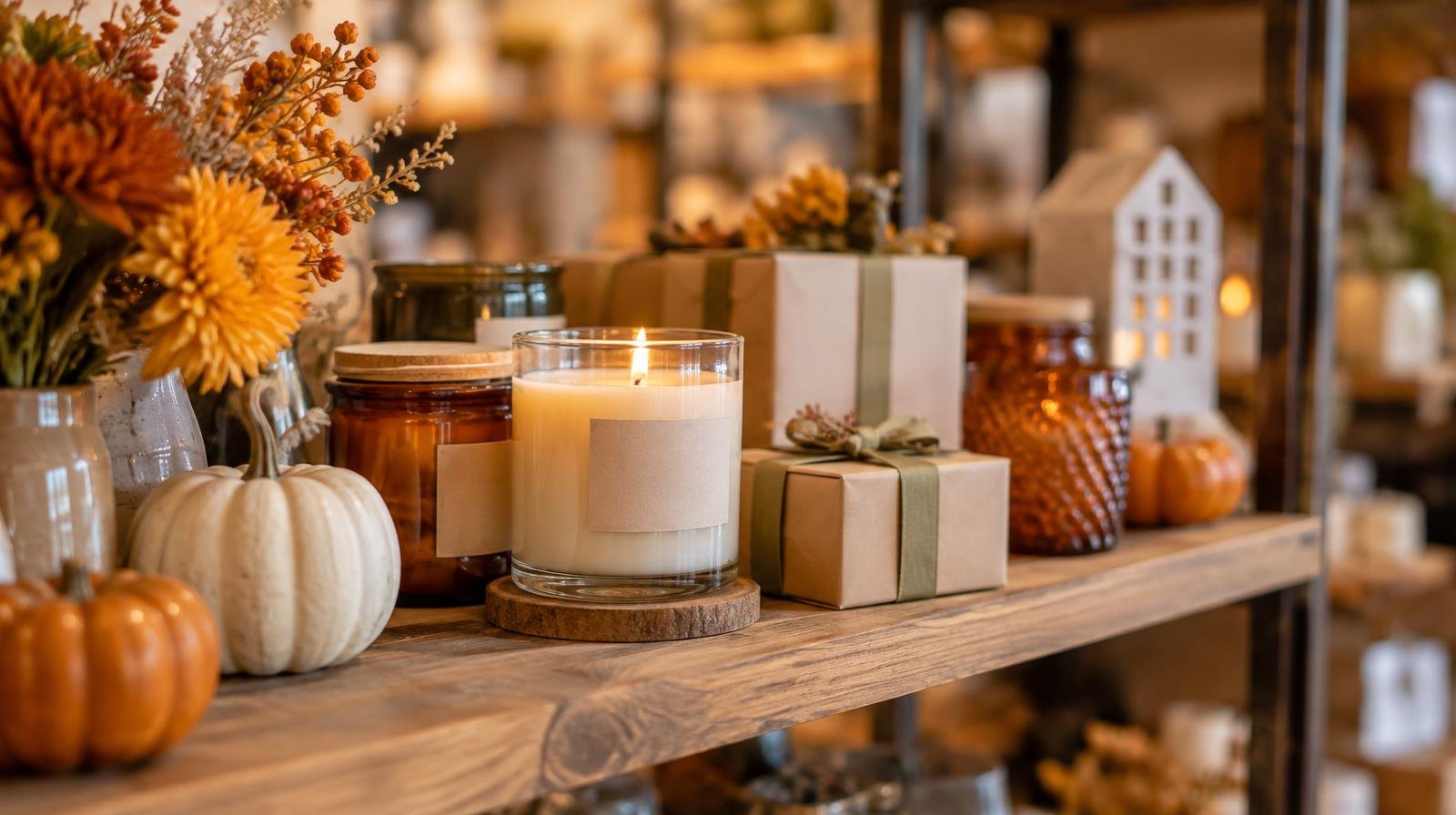 Artisan candles, décor items, and gift boxes displayed on a wooden shop shelf.