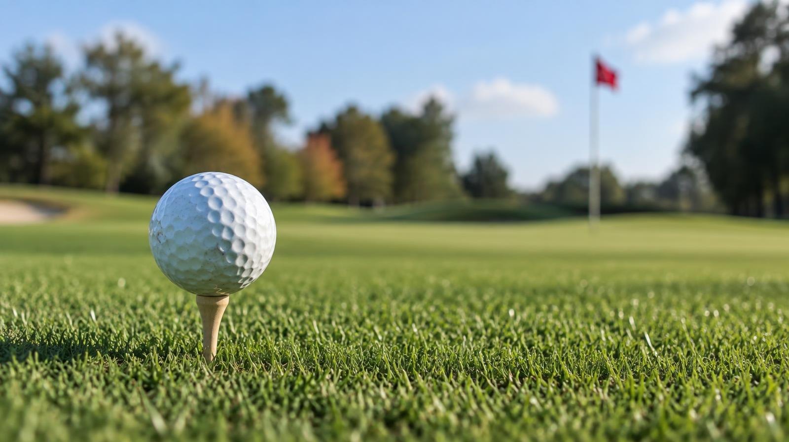 A white golf ball on a tee on a green fairway, flag pin in the distance.