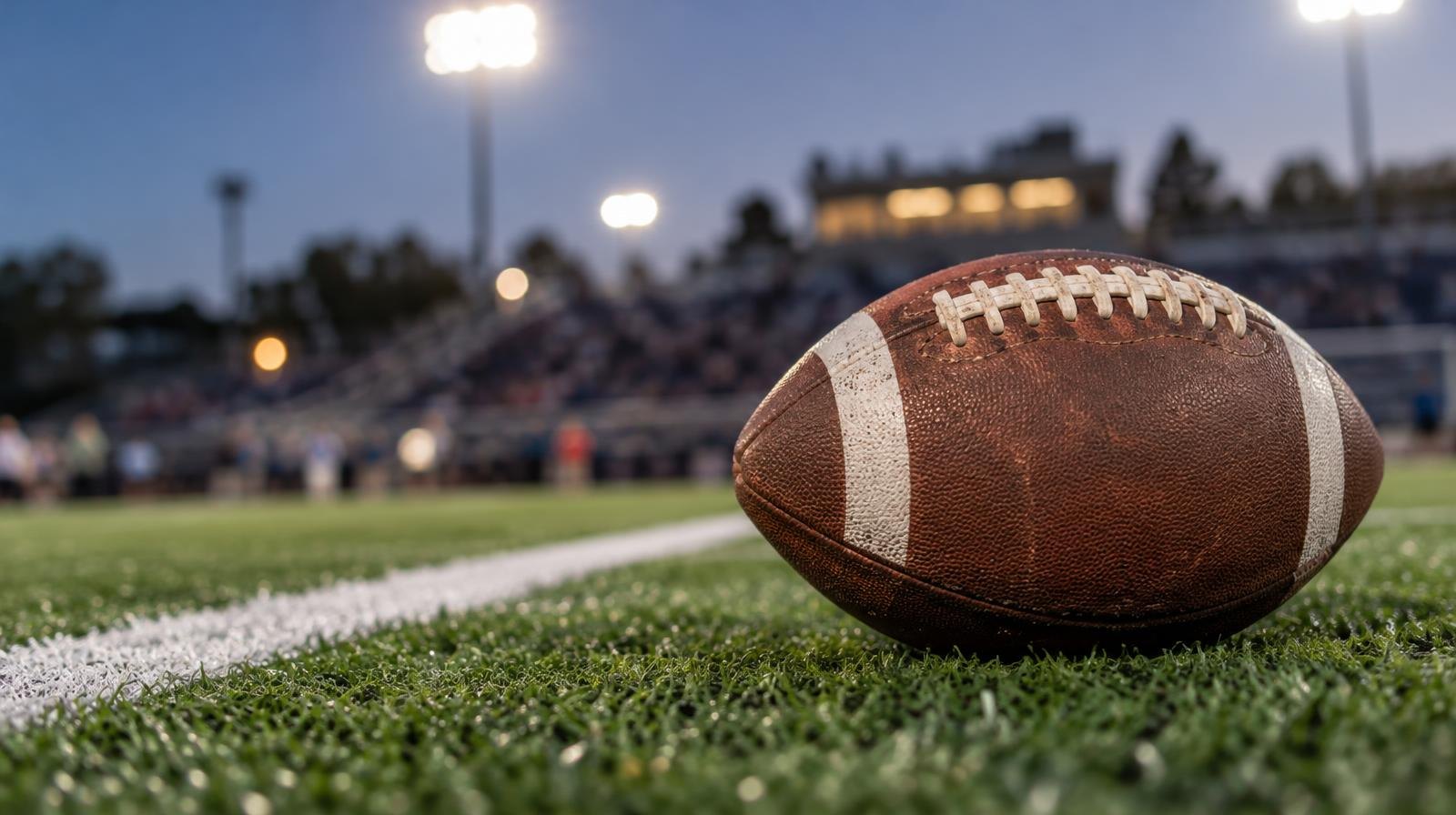 An American football resting on green artificial turf beside a white yard line.