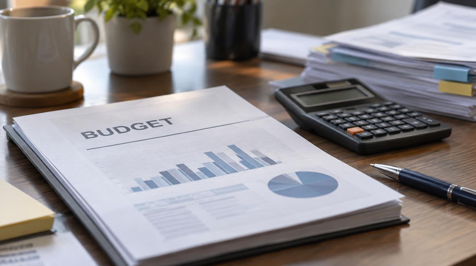 Open budget document on a desk beside a calculator, pen, and stacked financial reports.